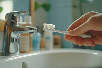 Close-up of a person holding a toothbrush near a modern bathroom sink with various toiletries visible