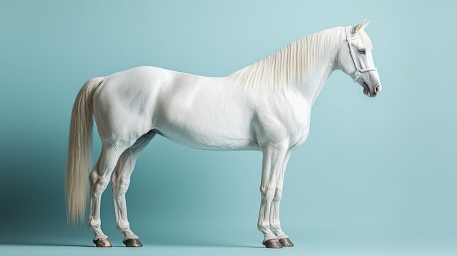 A white horse stands in front of a blue background