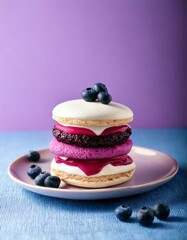 A double layer white chocolate berry burger with blueberry compote, plated on a soft lavende background