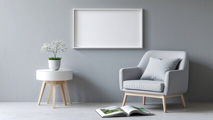 a minimalist interior design style featuring a cozy reading nook. The layout includes a plush, white armchair with rounded edges and wooden legs, positioned on a light wooden floor.