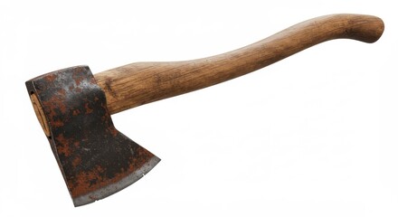 Weathered iron axe with a heavily corroded, reddish-brown blade showing patches of rust and age-related pitting