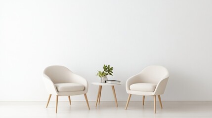 Fototapeta premium Modern minimalist living room with two armchairs and a small table