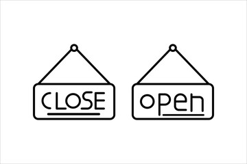 Open and close icon set. Open and close hanger board icons on transparent background. Open close sign on wooden board. Open and close board symbol hanging in shop, restaurant, vector illustration