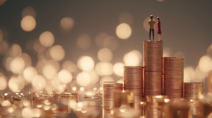 couple standing atop rising stacks of coins, symbolizing wealth accumulation and financial growth. The top-down perspective focuses coins, glowing bokeh visual appeal
