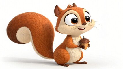 Fototapeta premium Adorable Cartoon Squirrel Holding Acorn 3D Render Cute Animal Illustration Wildlife Character
