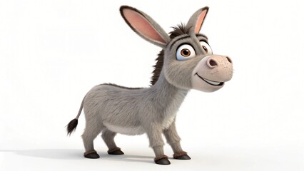 Adorable Cartoon Donkey 3D Rendered Happy Expression Grey Fur White Background
