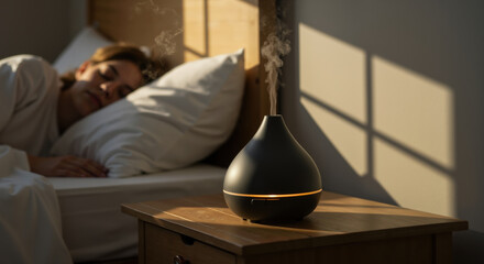 Aroma diffuser with steam on bedside table while woman sleeps in sunlit bedroom. Essential oil humidifier for sleep quality enhancement and relaxation atmosphere