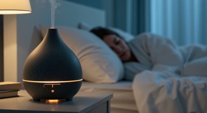 Black aroma diffuser with glowing light on bedside table with woman sleeping in background. Essential oil humidifier for better sleep quality and nighttime relaxation