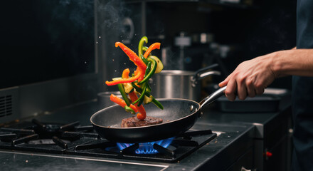 Hand flipping vegetables in frying pan over gas flame with meat cooking. Professional chef technique for restaurant meal preparation and gourmet cooking