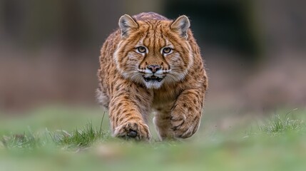 Obraz premium Focused gaze of a running clouded leopard through the verdant grassland seeking its prey with powerful muscles wildlife in its natural habitat