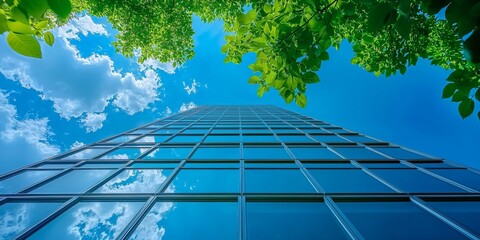 The beauty of urban design: A close view of a skyscraper surrounded by greenery.