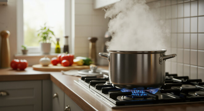 Stainless steel pot with steam on gas stove in kitchen with vegetables on wooden cutting board. Home cooking process for healthy meal preparation and family dinner