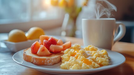 A cozy breakfast scene featuring scrambled eggs, toast with strawberries, a steaming cup of coffee, and fresh lemons