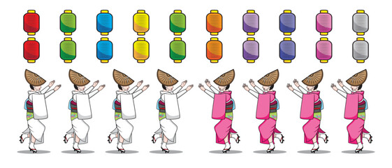 Awa Odori traditional Japan dance festival with group of cute Japanese woman dress in Kimono Yukata and Amigasa or straw hat background with Japan style lantern drawing in colourful cartoon vector