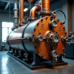 Fototapeta premium A highly detailed, high-resolution stock photo of a modern, industrial steam boiler in a commercial setting, captured with professional lighting to emphasize its intricate details, showcasing a rugged
