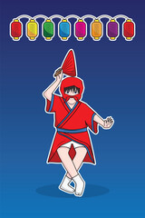 Awa Odori traditional Japan dance festival with smart Japanese man dancing with waving fan background with Japan style lantern drawing in colourful cartoon vector
