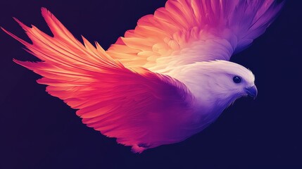 Obraz premium Dynamic soaring bird with vibrant orange and purple gradient wings evoking freedom strength and digital artistry against a dark serene background creating an impression