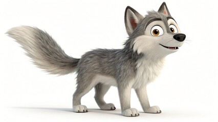 Obraz premium Adorable Cartoon Wolf Pup Gray Fur Fluffy Tail 3D Render Cute Animal Character