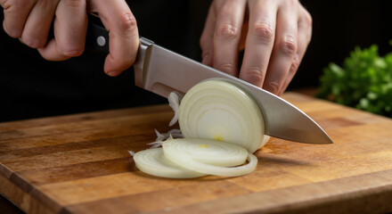 Hands cutting white onion on wooden cutting board with chef knife showing rings. Food preparation process in kitchen. Cooking fresh vegetables for meal recipes and aromatic flavor base