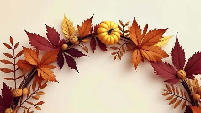"Autumn Harvest Frame with Leaves and Pumpkins" &ndash; A cozy seasonal border with warm-toned fall leaves, pumpkins, and acorns arranged in a circular decorative frame.

