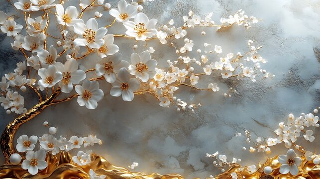 Fototapeta 3D wallpaper featuring a white tree of life with golden flowers against a background.  