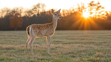 Fototapeta premium Fallow deer at sunrise casting long sun rays over field depicting wild animal and nature in europe and animal behavior in autumn forest environment
