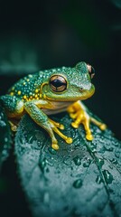 Fototapeta premium A frog is sitting on a leaf with water droplets on it