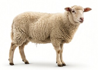 Fototapeta premium Fluffy Sheep Standing Profile Wool Texture Farm Animal White Background