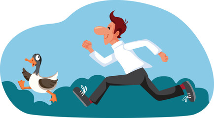 Funny Man Chasing a Wild Goose Vector Concept Illustration. Person chasing away a wild bird while trying to achieve an impossible dream