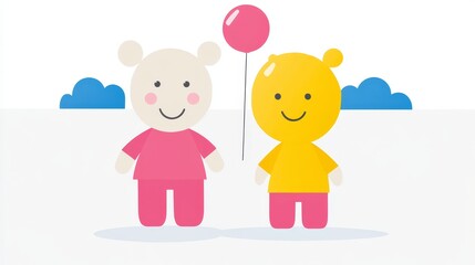 Fototapeta premium Pixelated Pals A Whimsical Duo of Pink and Yellow Figures in a Bright Pixel Art Style with Balloons and Clouds for Childrens Designs