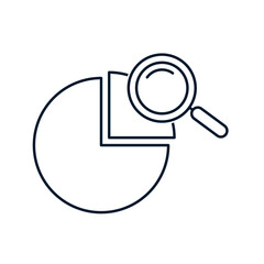 Pie chart, magnifying glass. Concept of analyze statistics. Vector linear icon isolated on white background.