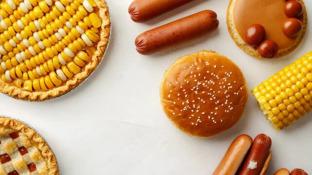 Variety of Foods Including Corn Pies, Sausages, Hamburger Bun, and Corn on Cob Arranged on White Background Creating Vibrant and Appetizing Display with Classic American Picnic Foods