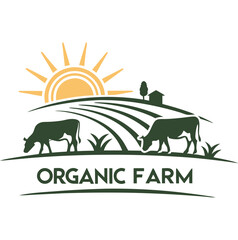 organic farm logo with a sun and cows on the top