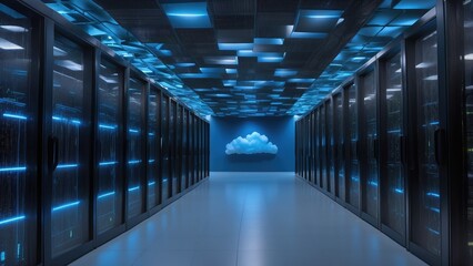 A modern server room filled with racks of networking equipment illuminated by blue LED lights