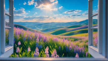 Fototapeta premium Lavender field from window view with sunlit hills and blue sky