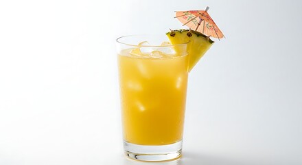 A tall glass of pineapple cocktail is garnished with fruit and a miniature umbrella.