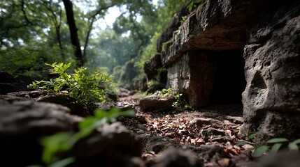 Fototapeta premium Mysterious cave hidden within a lush forest landscape