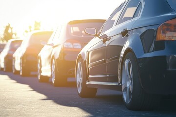 A side view of several rental cars parked neatly. The bright sun shines, enhancing the color of the vehicles. The atmosphere is inviting and dynamic.