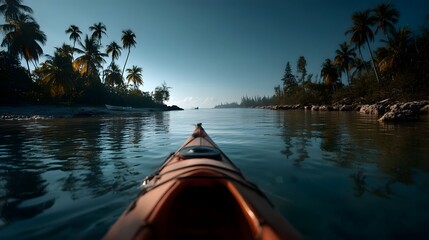 Kayaker exploring a tranquil bay near a deserted beach with palm trees