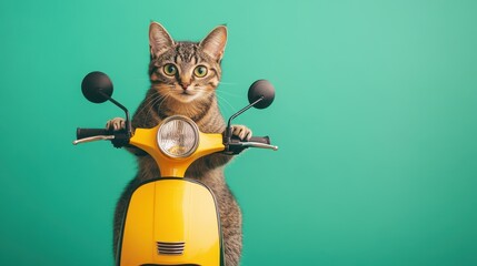 Tabby cat drives a yellow scooter against a teal background. Ideal for humorous and whimsical marketing campaigns.