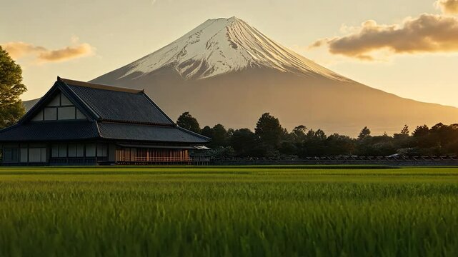 Mountain views over serene rice paddy