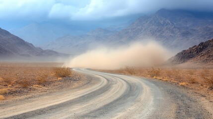 Desert Road Winding Through Mountains with Dust Storm Scenic Landscape