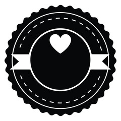 Round badge with stitched border details, featuring a heart design and ribbon banner