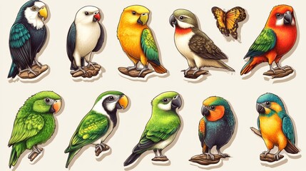 Obraz premium Mosaic tropical birds perched on tiny branches a whimsical illustration featuring a collection of colorful exotic bird species in pixelated style