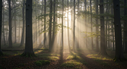 Obraz premium Mystical Forest Scene With Sunlit Mist Among Autumn Trees