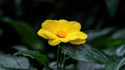 Fototapeta premium Bright yellow flower in a dark, lush garden setting. Dewy petals stand out against deep green foliage