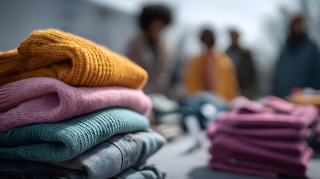 Volunteers organize donated clothing at an outdoor charity booth
