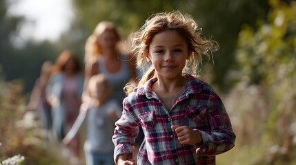 Family participating in a lively scavenger hunt for charity in a natural setting