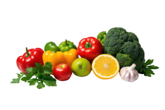 Vibrant fresh vegetables fruits healthy eating on on transparent background
