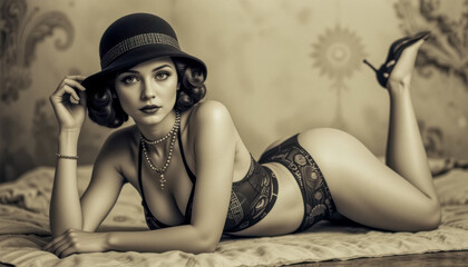 A sepia-toned image of a woman in 1920s-style lingerie,  wearing a cloche hat and high heels, lying on a textured fabric. Her pose is alluring and suggestive of a bygone era.